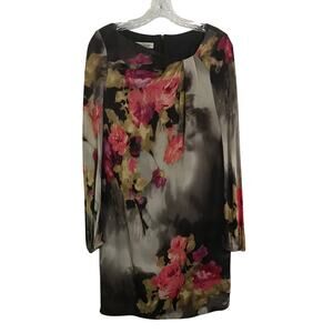 Kay Unger Dress Size 8 Womens Silk Floral Watercolor Artsy Longsleeve Multicolor